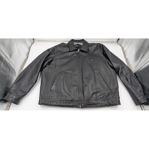 Vintage Y2K Men's Black Leather Bomber Jacket Size XL Quilt Lined R&R Casual